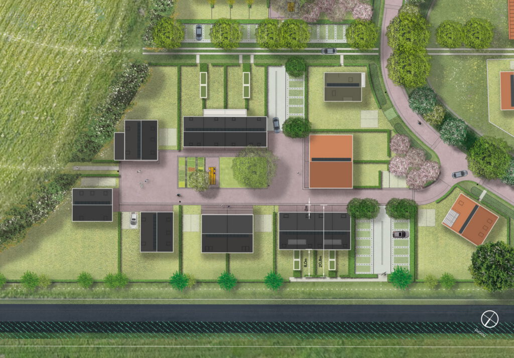 Plankaart van een erf met boerderijwoning, schuurwoningen en stalwoningen rondom een achtererf met collectieve moestuin.