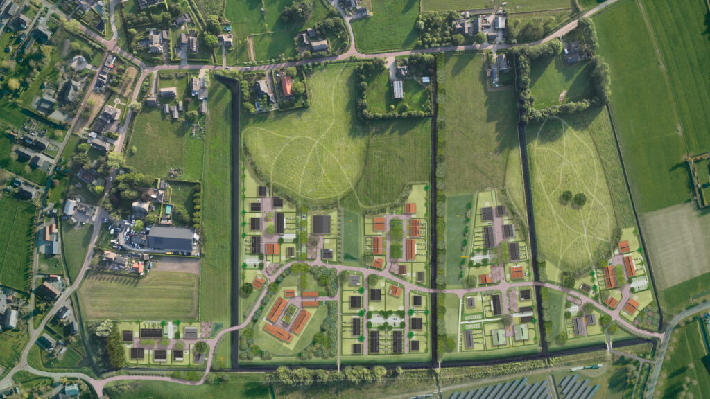 Plankaart van tenderontwerp Hoge Woerd op luchtfoto Ewijk