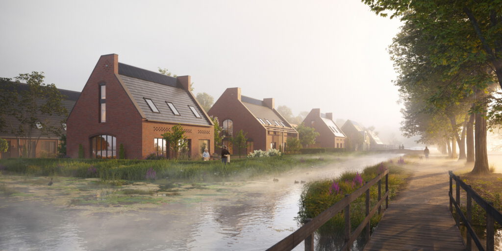 impressie van woningen aan watergang